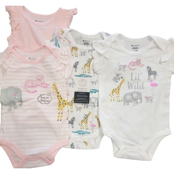 5-Pack Baby Bodysuits Lil Wild Animal Print Short Sleeve Cotton 12 Months - Picture 1 of 5